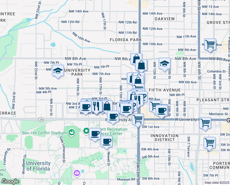 map of restaurants, bars, coffee shops, grocery stores, and more near 1518 Northwest 4th Avenue in Gainesville