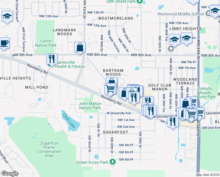 map of restaurants, bars, coffee shops, grocery stores, and more near 522 Northwest 39th Road in Gainesville