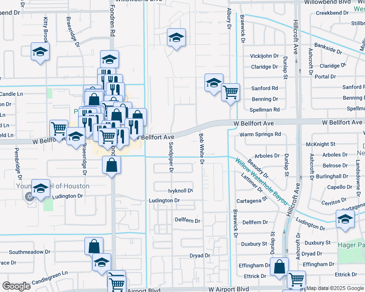 map of restaurants, bars, coffee shops, grocery stores, and more near 6301 West Bellfort Boulevard in Houston