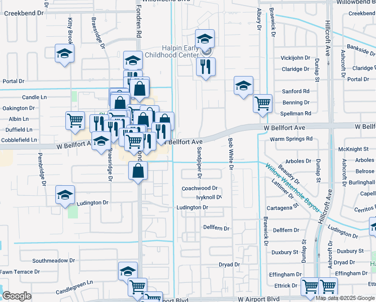 map of restaurants, bars, coffee shops, grocery stores, and more near 6405 West Bellfort Avenue in Houston