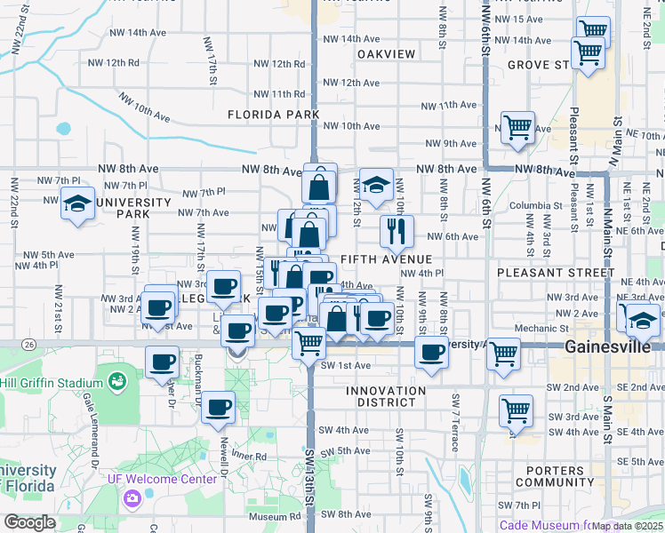 map of restaurants, bars, coffee shops, grocery stores, and more near 421 Northwest 12th Drive in Gainesville