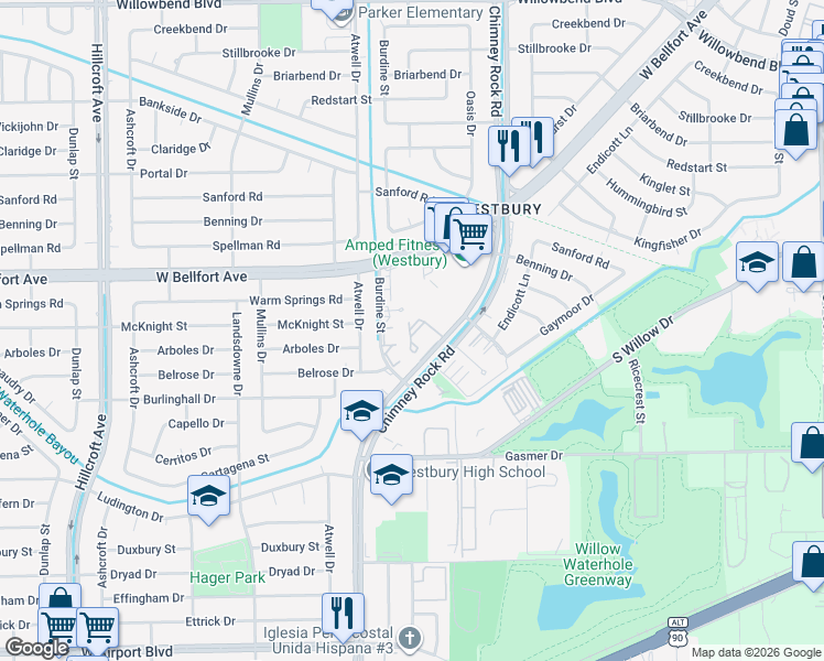map of restaurants, bars, coffee shops, grocery stores, and more near 302 Chimney Rock Road in Houston