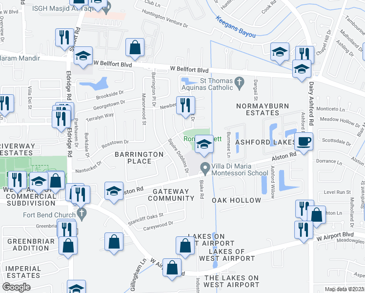 map of restaurants, bars, coffee shops, grocery stores, and more near 2215 South Ferrisburg Court in Sugar Land