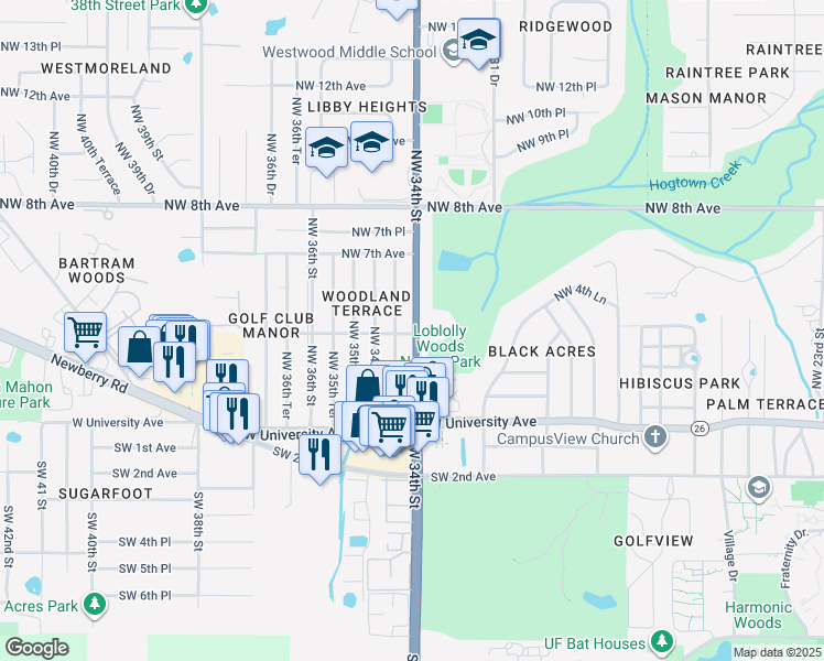 map of restaurants, bars, coffee shops, grocery stores, and more near 414 Florida 121 in Gainesville