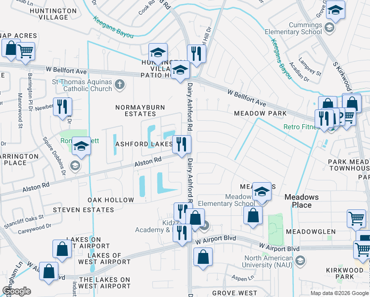 map of restaurants, bars, coffee shops, grocery stores, and more near 12207 Ashford Meadows Drive in Sugar Land