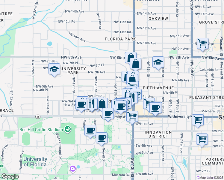 map of restaurants, bars, coffee shops, grocery stores, and more near 1518 Northwest 4th Avenue in Gainesville