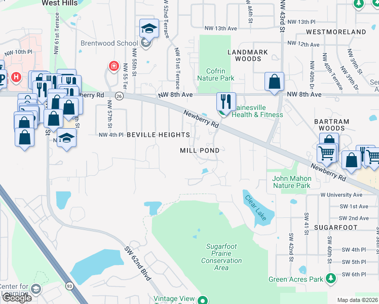 map of restaurants, bars, coffee shops, grocery stores, and more near 286 Northwest 50 Boulevard in Gainesville