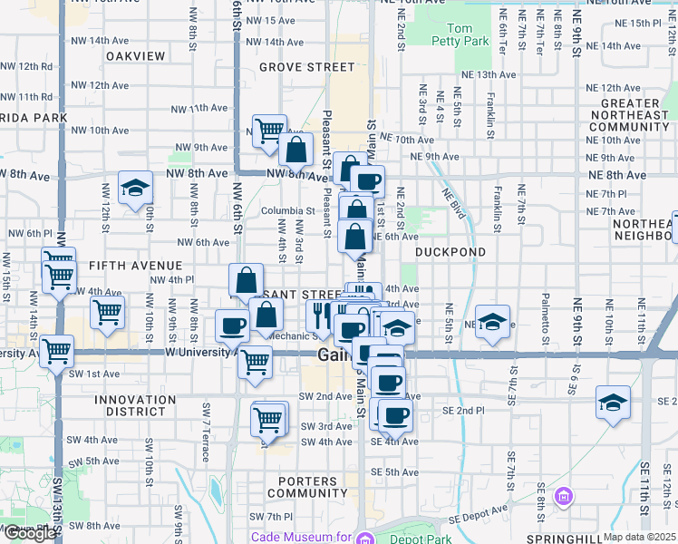 map of restaurants, bars, coffee shops, grocery stores, and more near 102 Northwest 4th Avenue in Gainesville