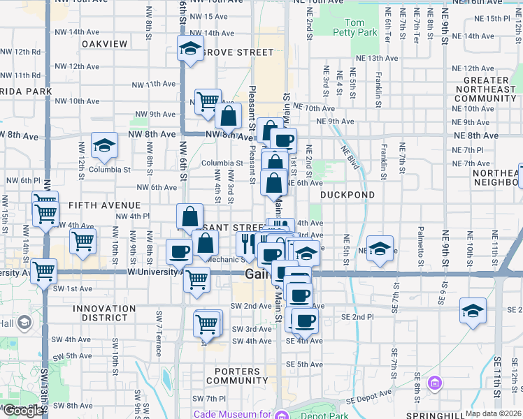 map of restaurants, bars, coffee shops, grocery stores, and more near 102 Northwest 4th Avenue in Gainesville