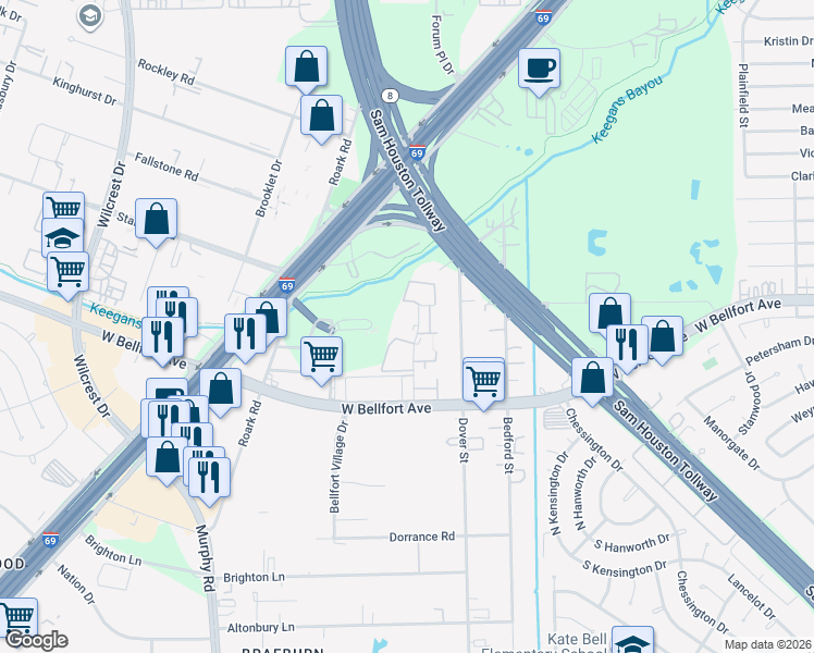 map of restaurants, bars, coffee shops, grocery stores, and more near 11500 Keegans Ridge Road in Houston