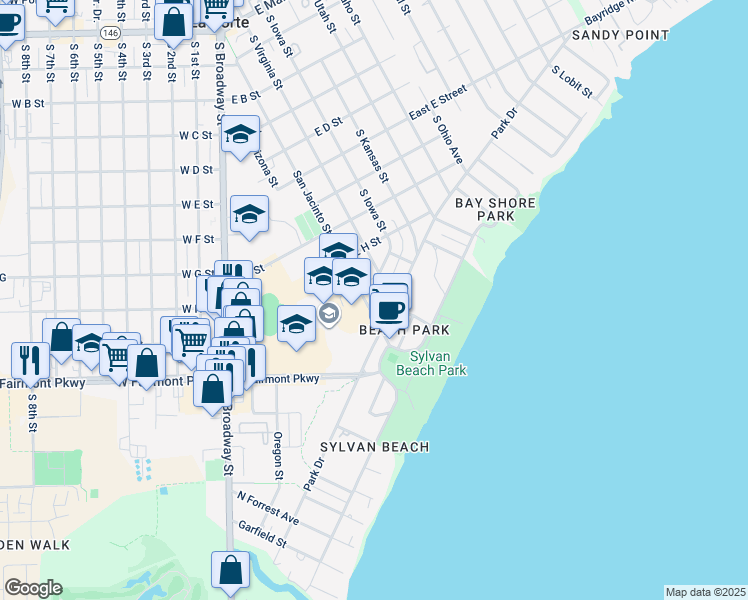 map of restaurants, bars, coffee shops, grocery stores, and more near 1025 San Jacinto Street in La Porte