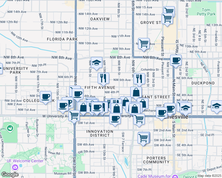 map of restaurants, bars, coffee shops, grocery stores, and more near 434 Northwest 9th Street in Gainesville