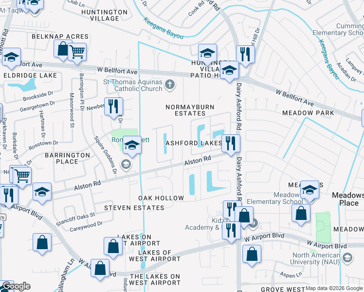 map of restaurants, bars, coffee shops, grocery stores, and more near 11326 Ashford Hills Drive in Sugar Land