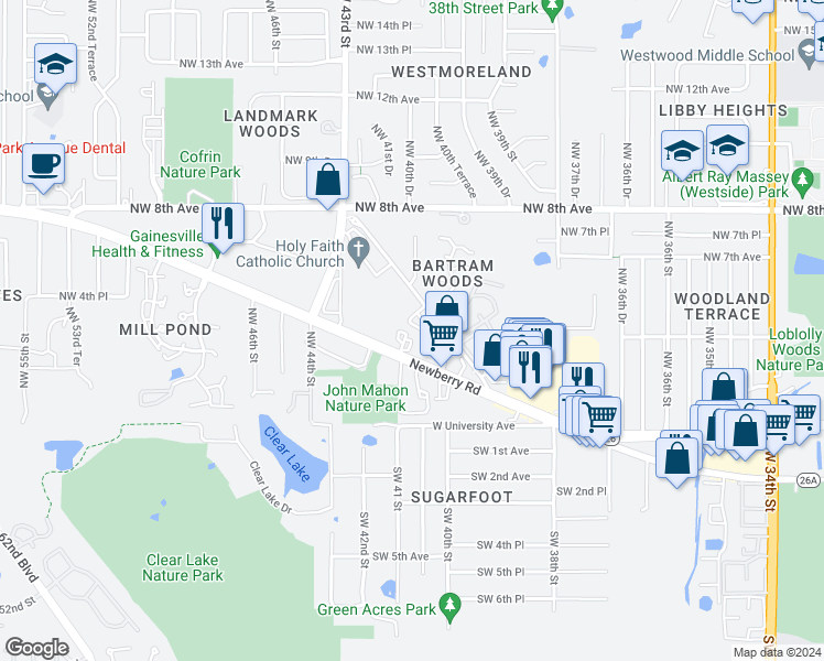 map of restaurants, bars, coffee shops, grocery stores, and more near 542 Northwest 39th Road in Gainesville