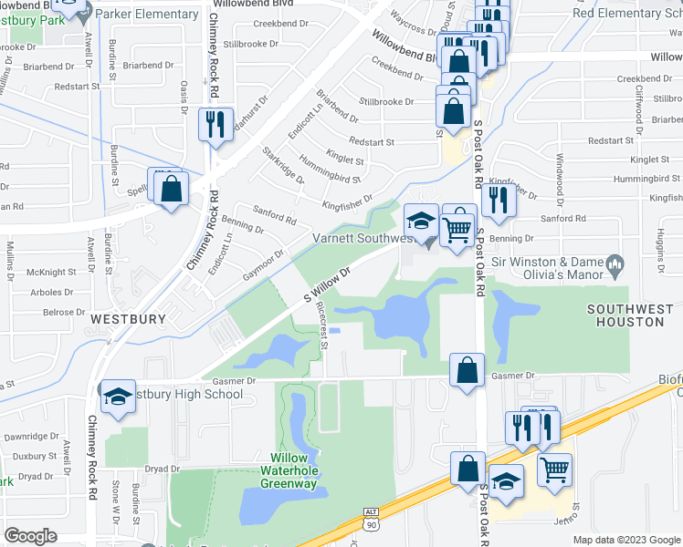 map of restaurants, bars, coffee shops, grocery stores, and more near 5200 South Willow Drive in Houston