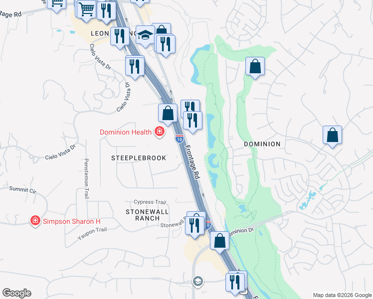 map of restaurants, bars, coffee shops, grocery stores, and more near 25215 West Interstate 10 in San Antonio