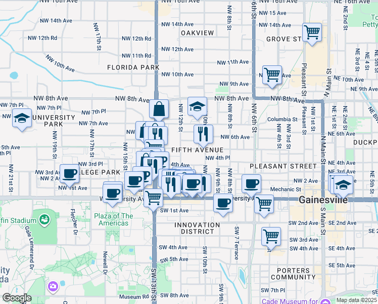 map of restaurants, bars, coffee shops, grocery stores, and more near in Gainesville