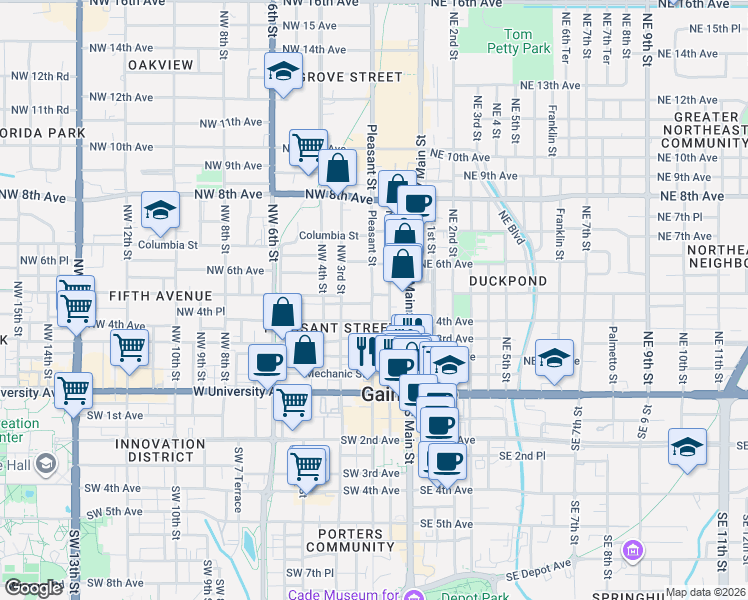 map of restaurants, bars, coffee shops, grocery stores, and more near 102 Northwest 4th Avenue in Gainesville