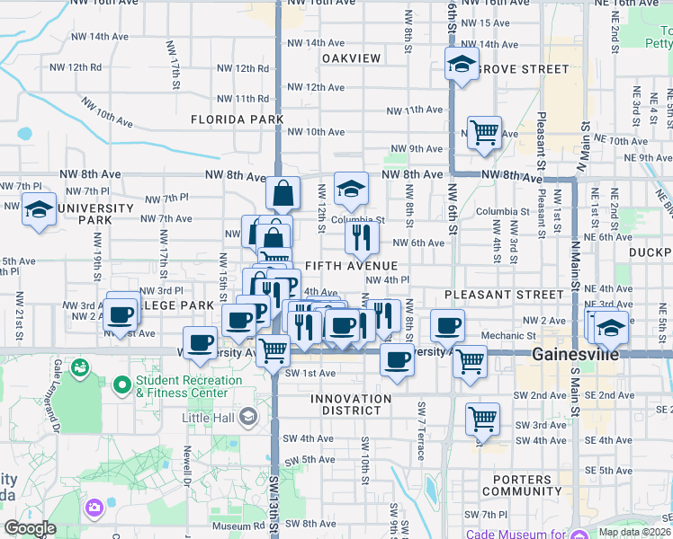 map of restaurants, bars, coffee shops, grocery stores, and more near in Gainesville