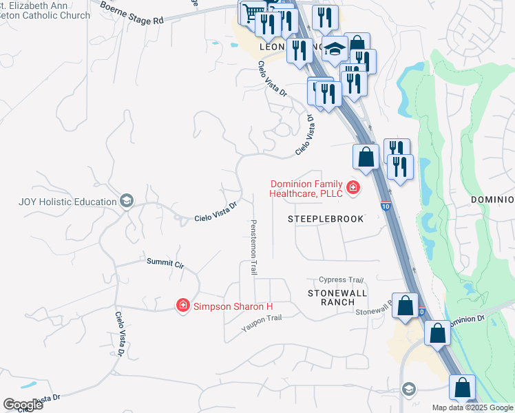 map of restaurants, bars, coffee shops, grocery stores, and more near 818 Penstemon Trail in San Antonio