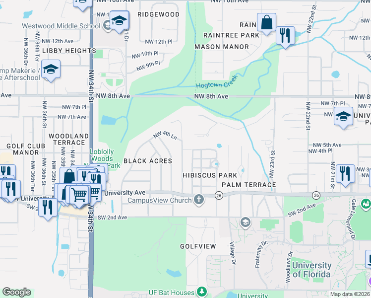 map of restaurants, bars, coffee shops, grocery stores, and more near 2716 Northwest 4th Avenue in Gainesville