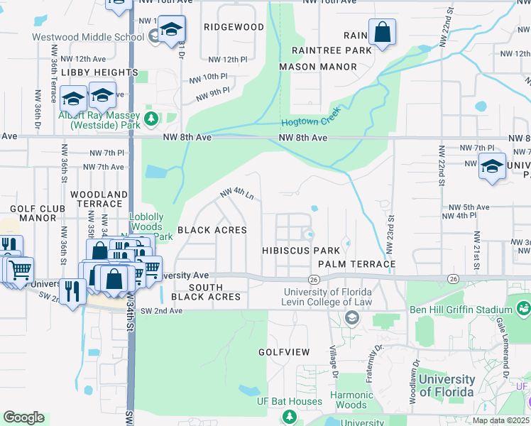 map of restaurants, bars, coffee shops, grocery stores, and more near 315 Northwest 28th Street in Gainesville