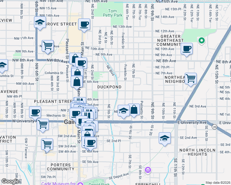map of restaurants, bars, coffee shops, grocery stores, and more near 520 Northeast 4th Avenue in Gainesville