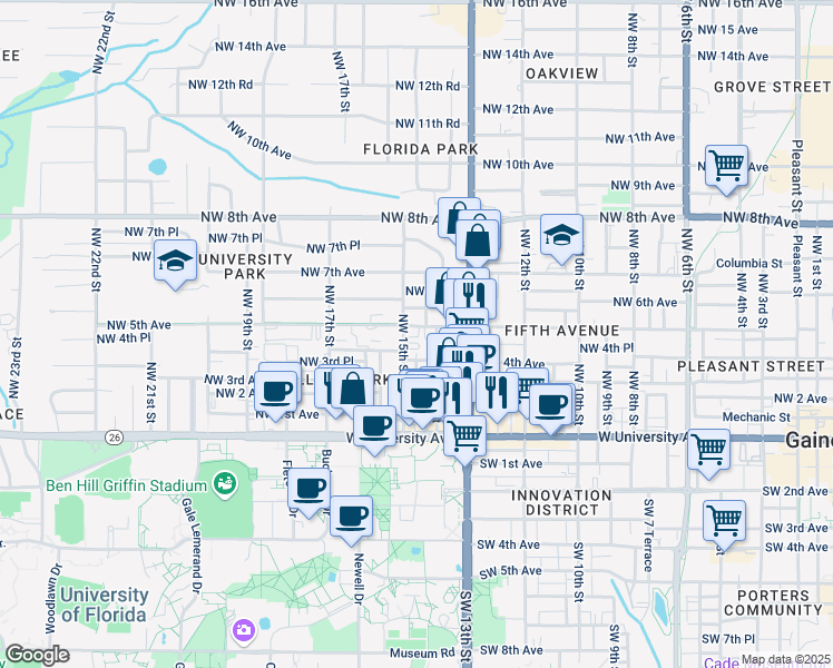 map of restaurants, bars, coffee shops, grocery stores, and more near 408 Northwest 14th Street in Gainesville