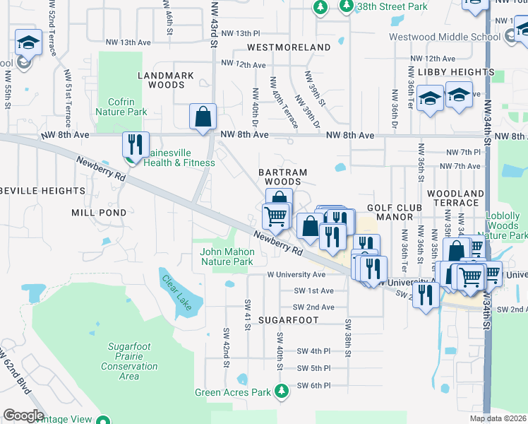 map of restaurants, bars, coffee shops, grocery stores, and more near 522 Northwest 39th Road in Gainesville