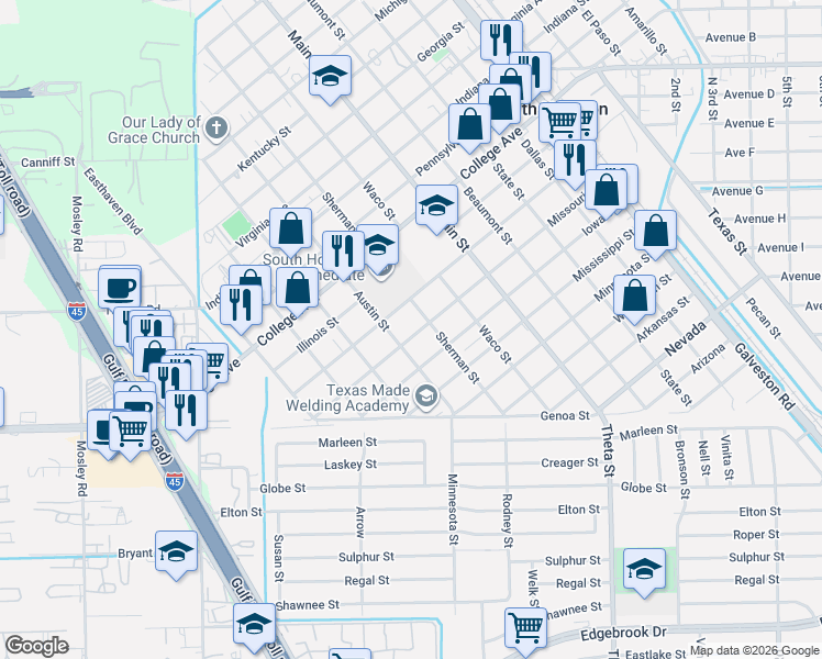 map of restaurants, bars, coffee shops, grocery stores, and more near 1112 Missouri Street in South Houston