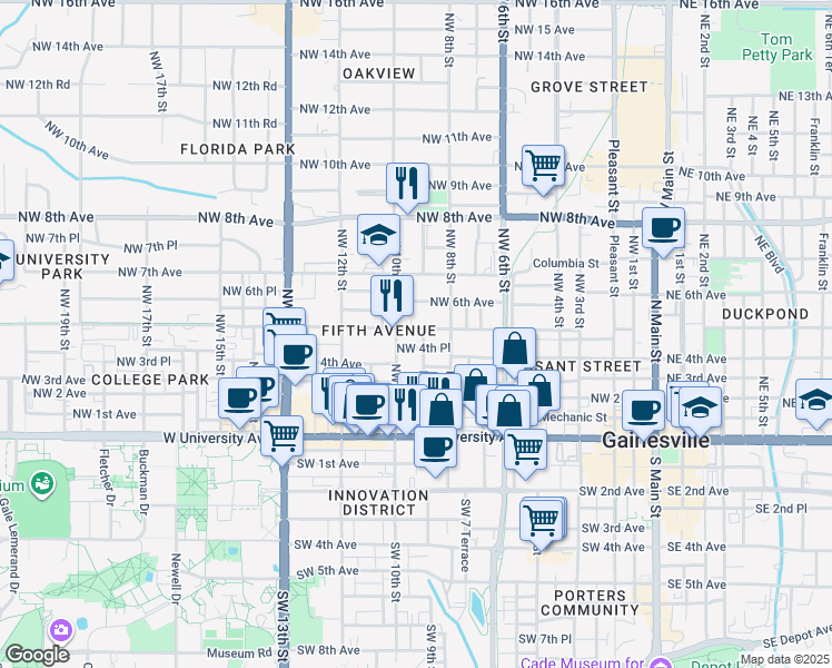map of restaurants, bars, coffee shops, grocery stores, and more near 811 Northwest 4th Place in Gainesville