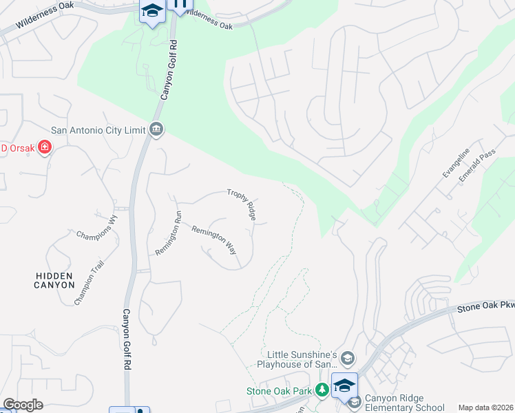 map of restaurants, bars, coffee shops, grocery stores, and more near 24 Trophy Ridge in San Antonio