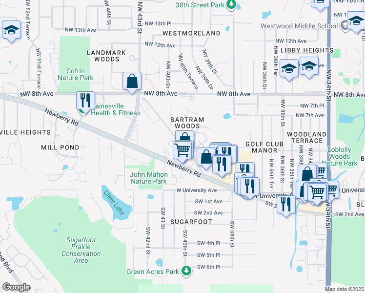 map of restaurants, bars, coffee shops, grocery stores, and more near 534 Northwest 39th Road in Gainesville