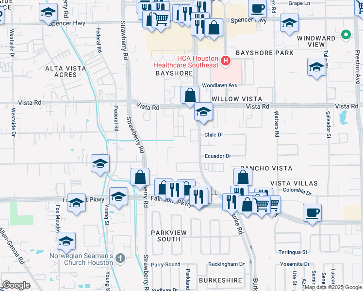 map of restaurants, bars, coffee shops, grocery stores, and more near 3602 Burke Road in Pasadena