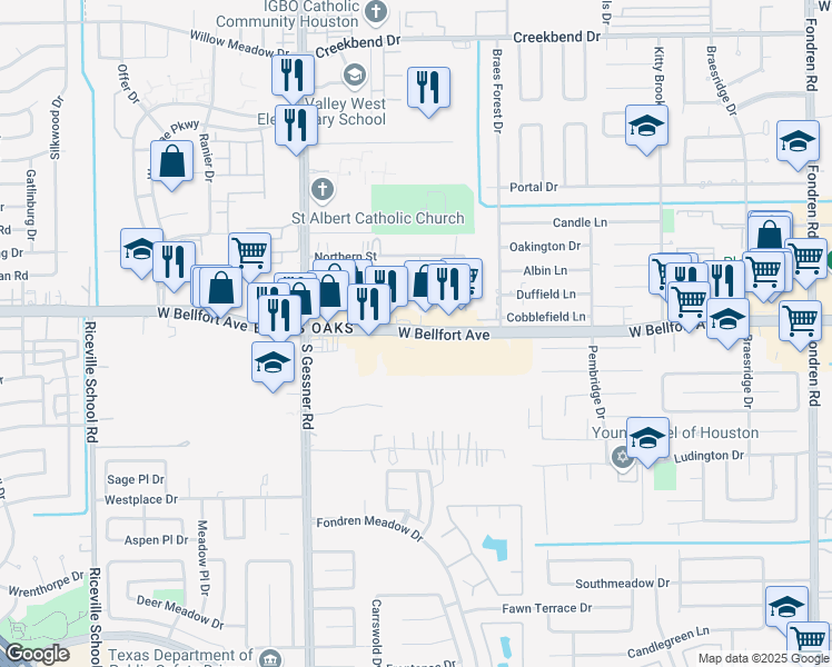 map of restaurants, bars, coffee shops, grocery stores, and more near 8263 West Bellfort Street in Houston