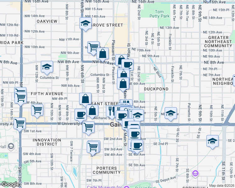 map of restaurants, bars, coffee shops, grocery stores, and more near 102 Northwest 4th Avenue in Gainesville