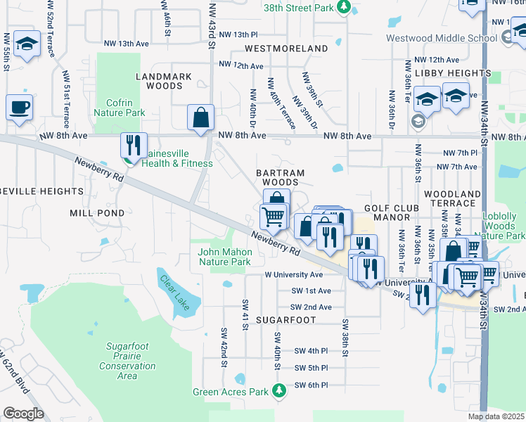 map of restaurants, bars, coffee shops, grocery stores, and more near 532 Northwest 39th Road in Gainesville