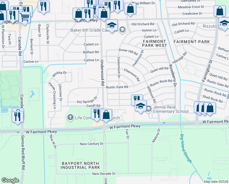 map of restaurants, bars, coffee shops, grocery stores, and more near 9738 Rustic Rock Road in La Porte