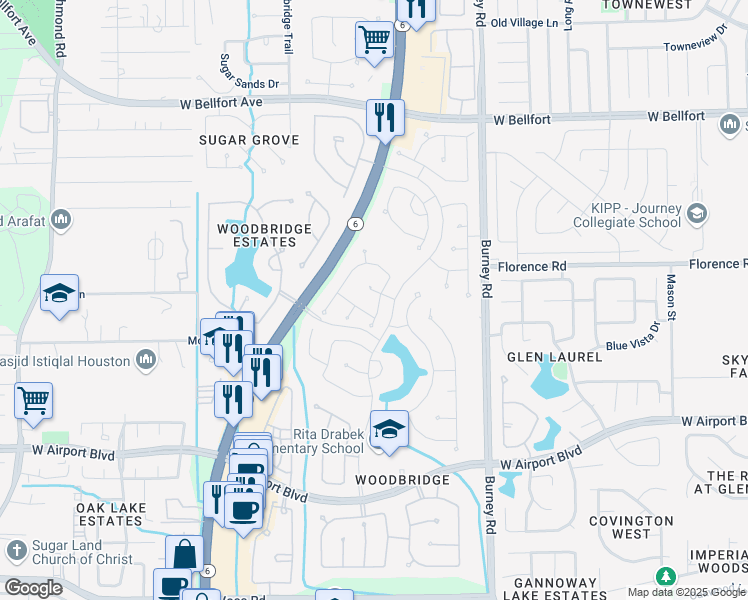 map of restaurants, bars, coffee shops, grocery stores, and more near 10934 Wildcat Bridge Lane in Sugar Land