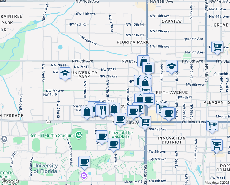 map of restaurants, bars, coffee shops, grocery stores, and more near 329 Northwest 17th Street in Gainesville