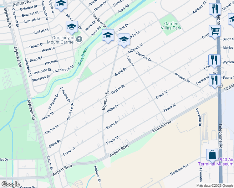 map of restaurants, bars, coffee shops, grocery stores, and more near 7057 Dillon Street in Houston