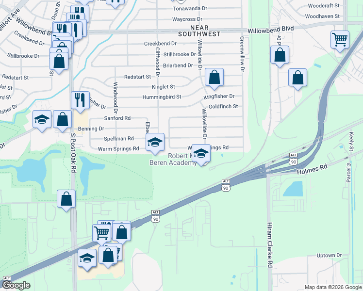 map of restaurants, bars, coffee shops, grocery stores, and more near 4535 Warm Springs Road in Houston