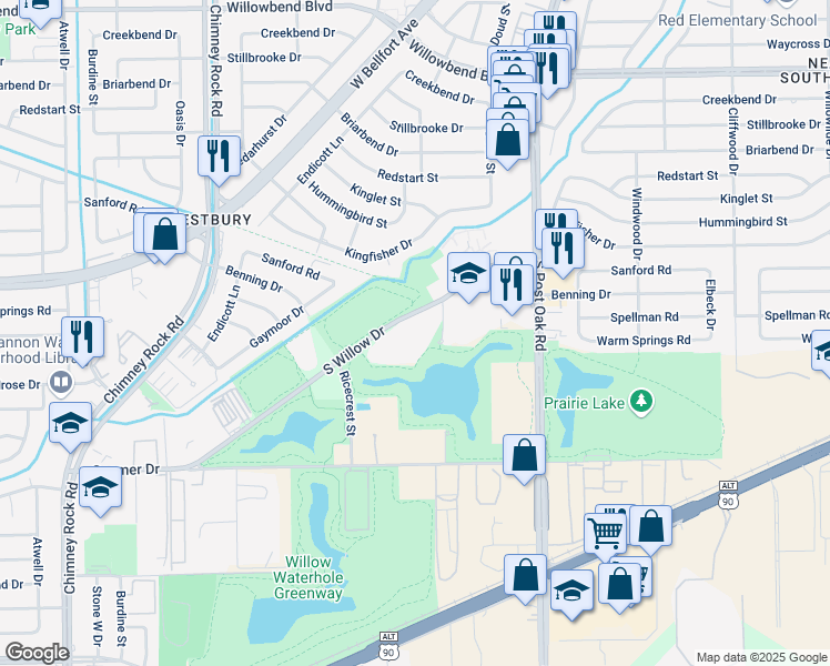 map of restaurants, bars, coffee shops, grocery stores, and more near 5151 South Willow Drive in Houston
