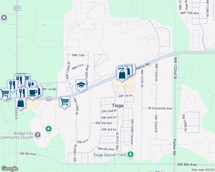 map of restaurants, bars, coffee shops, grocery stores, and more near 188 SW 131st St in Newberry
