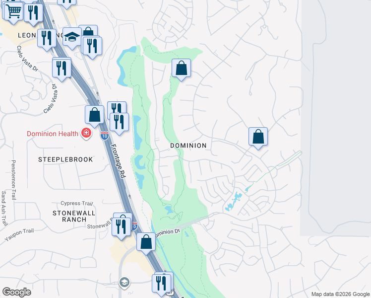map of restaurants, bars, coffee shops, grocery stores, and more near 1 Carefree Lane in San Antonio