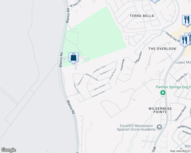 map of restaurants, bars, coffee shops, grocery stores, and more near 23007 Airedale Lane in San Antonio