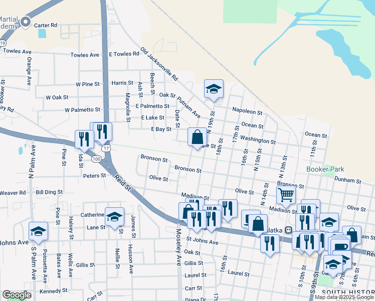 map of restaurants, bars, coffee shops, grocery stores, and more near 601 North 21st Street in Palatka