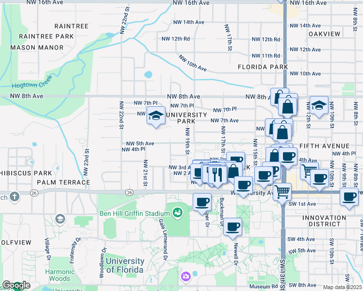 map of restaurants, bars, coffee shops, grocery stores, and more near 1915 Northwest 5th Avenue in Gainesville