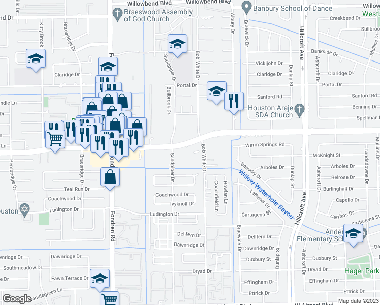 map of restaurants, bars, coffee shops, grocery stores, and more near 6301 West Bellfort Boulevard in Houston