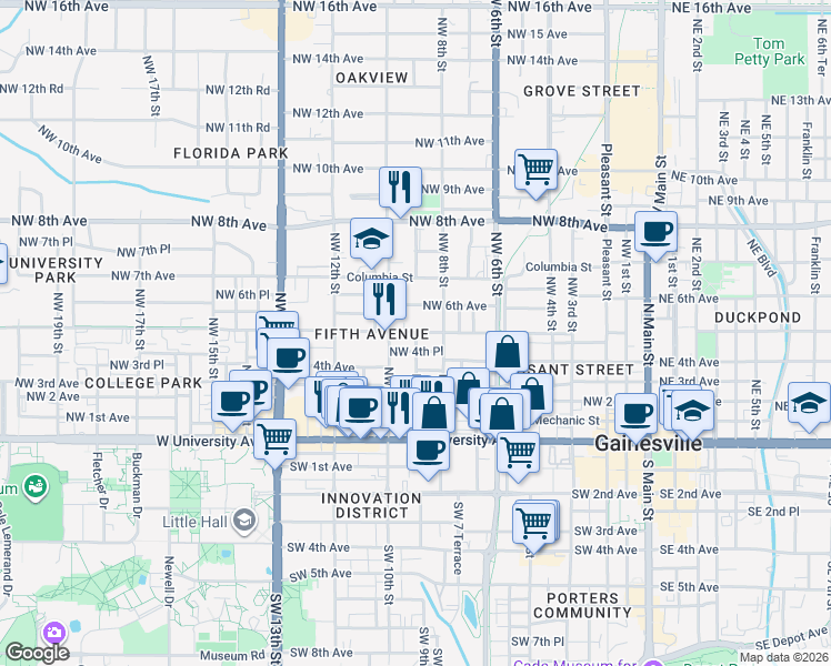 map of restaurants, bars, coffee shops, grocery stores, and more near 811 Northwest 4th Place in Gainesville